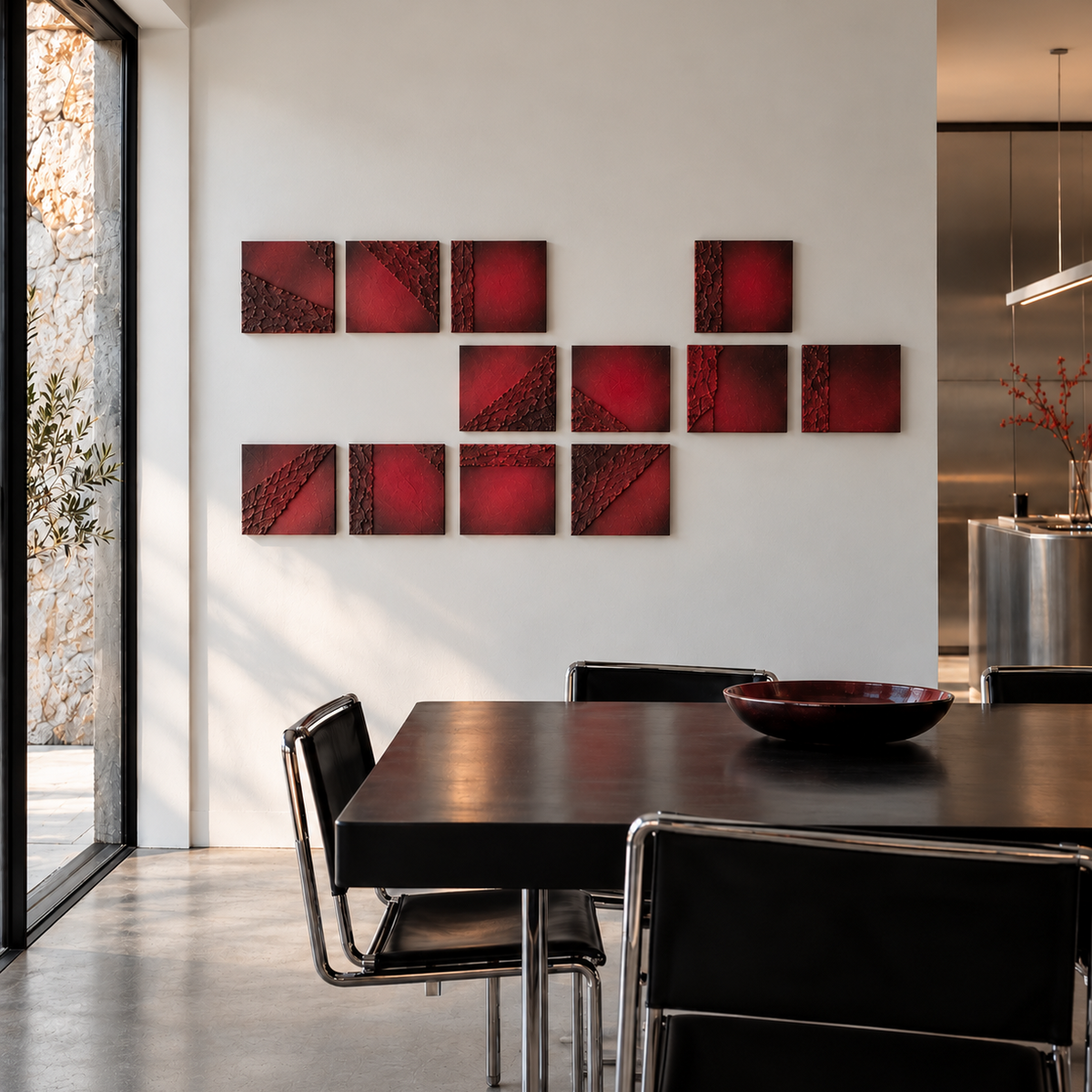 Cuadro modular original geométrico vino tinto burdeos con arena natural recreación 