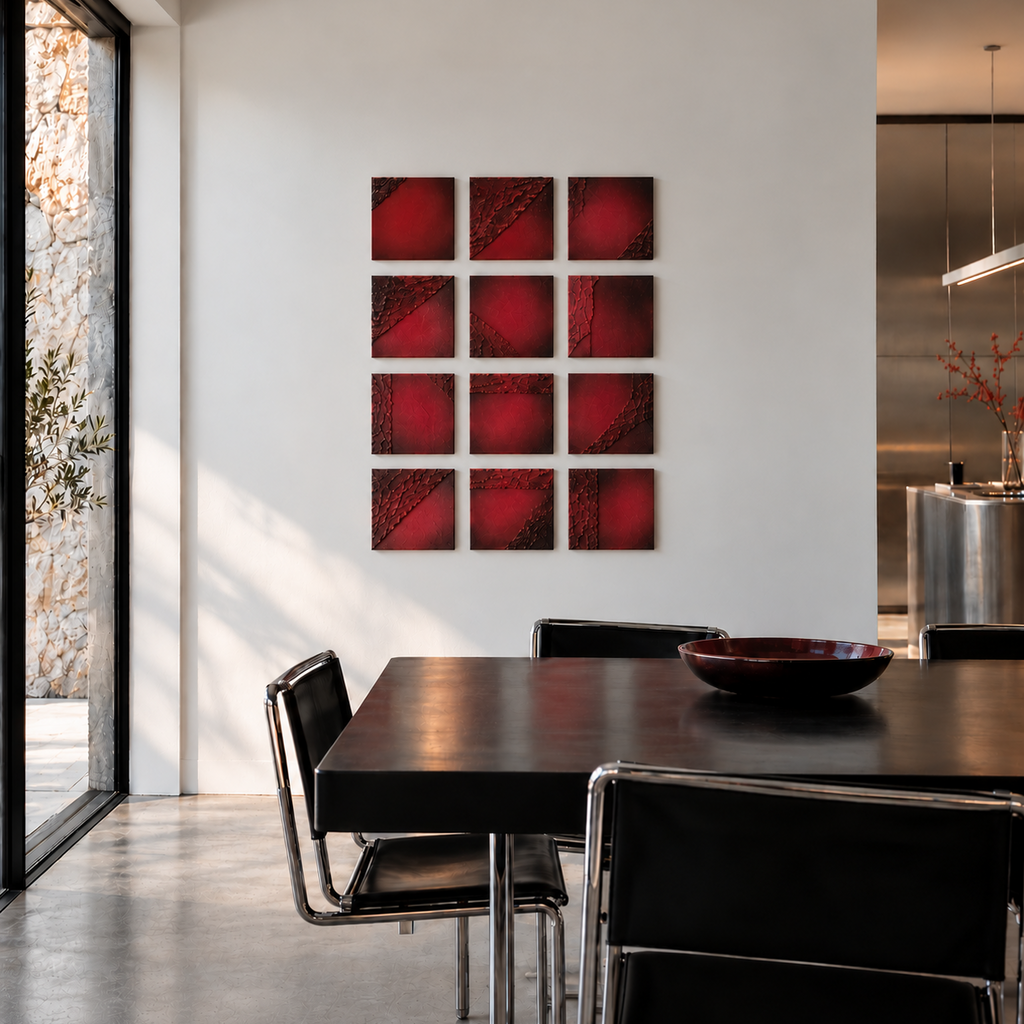 Cuadro modular original abstracto y geométrico vino tinto burdeos con arena natural mockup 3