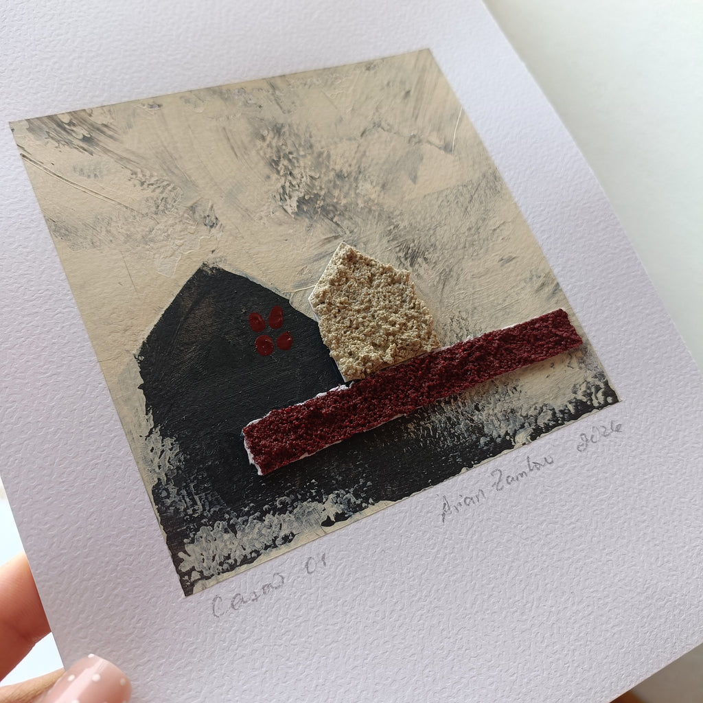 Detalle de cuadro original contemporáneo con textura de arena natural firmado a mano Casa 1